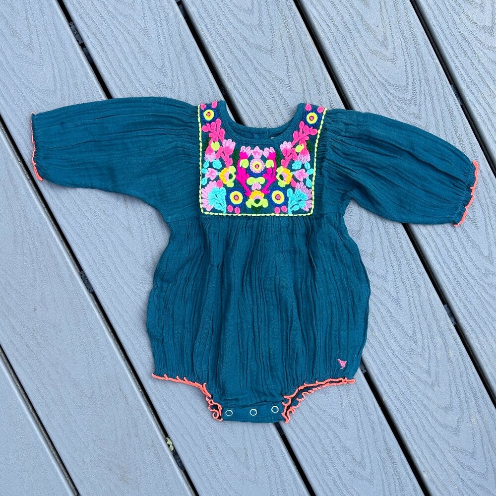 NWOT Pink Chicken Cotton Gauze Bubble Onesie Romper with Neon Embroidery